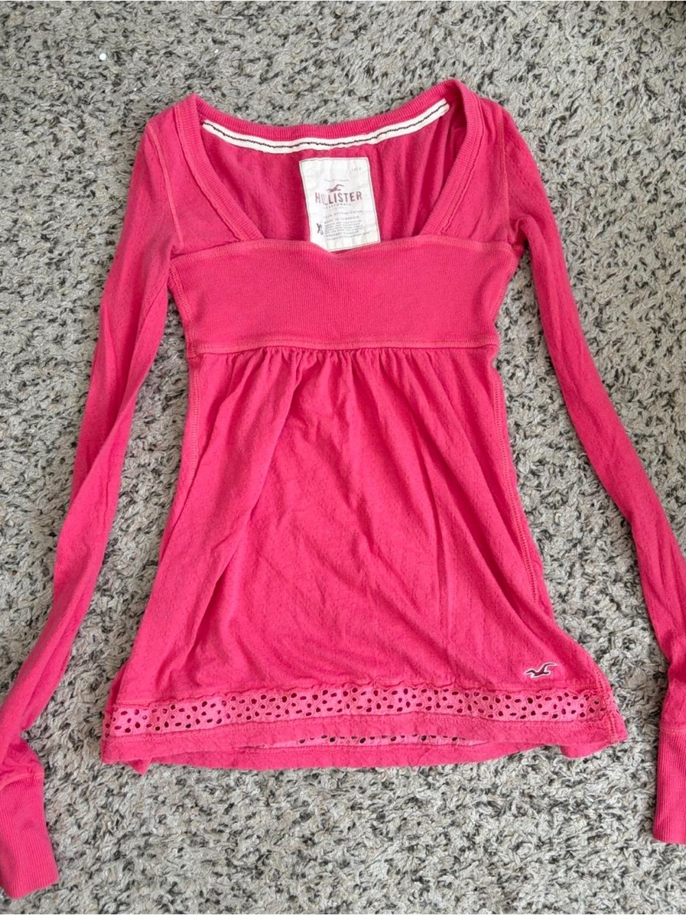 Vintage Hollister Long Sleeve Scoop Neck Top in Hot Pink with Eyelet Hem